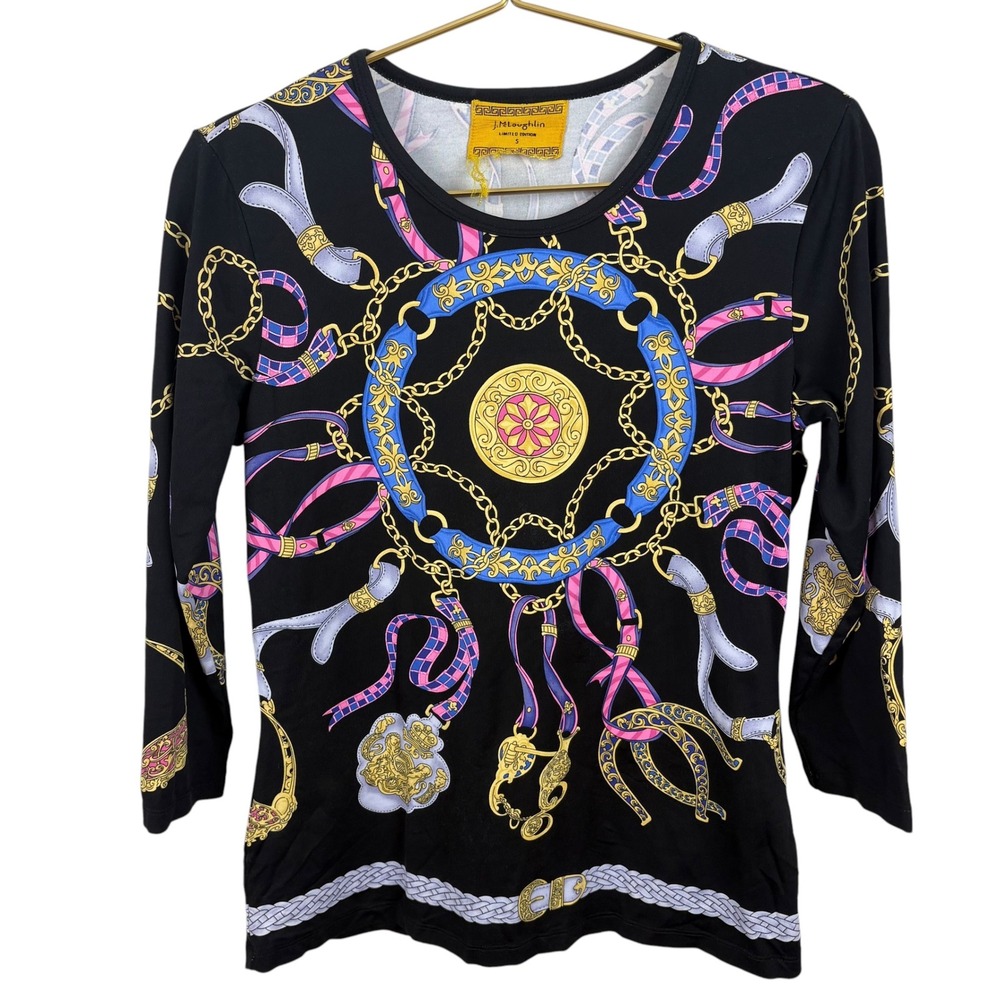 J.McLaughlin Limited Edition Black Equestrian Scarf Print 3/4 Sleeve Top Small‎